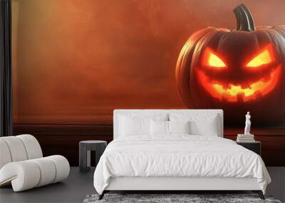 A Halloween pumpkin with a glowing face sits on a wooden table against a foggy background, creating a banner-like design Generative AI Wall mural