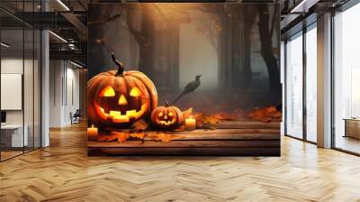 a halloween pumpkin with fall leaves and candle sitting on a wooden background Generative AI Wall mural