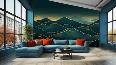 A horizontal background with golden lines depicting mountains, featuring dark blue and green tones Generative AI Wall mural