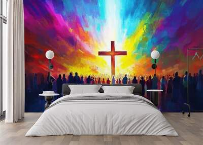 A large cross is in the center of an art painting, surrounded by people who have gathered to embrace Jesus Christ's grand impact on their lives and others' lives around them Generative AI Wall mural