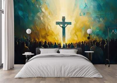 A large cross is surrounded by people, and the sun shines on them from behind The background color of brushstrokes has an oil painting effect, creating a strong contrast between light Generative AI Wall mural