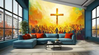 A large cross with the sun shining behind it, surrounded by people in different colors and sizes symbolizing diversity Generative AI Wall mural