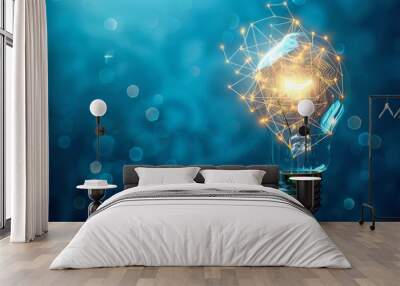 A light bulb with digital circuit patterns inside, representing innovative ideas and technology on blue background Generative AI Wall mural