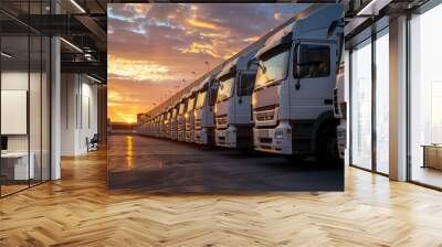 A line of white trucks parked in front of an industrial warehouse at sunset, representing the role and importance of the transportation industry in society Generative AI Wall mural