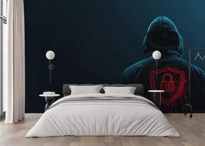 A man in a black hoodie with a red shield and padlock icon on a dark blue background, concept of cyber security or data protection for online personal information technology  Generative AI Wall mural