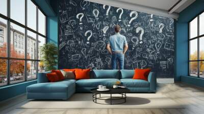 A man stands in front of a blackboard with question marks and scribbles, trying to figure out the details of his business plan Generative AI Wall mural