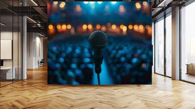 A microphone stands on the stage of an auditorium filled with people, closeup with a blurred background Generative AI Wall mural