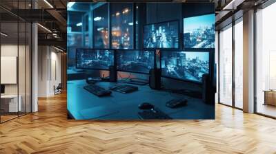 A modern security control room with multiple monitors displaying live footage of the city, showcasing advanced surveillance technology and ensuring public safety Generative AI Wall mural