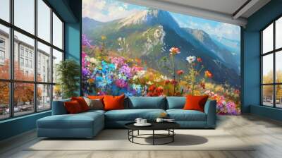 a painting of colorful wild flowers on a mountain in the style of panorama Generative AI Wall mural