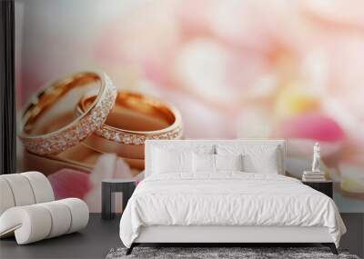 A pair of golden wedding rings rests on top of an elegant ring box, surrounded by soft pink flowers and delicate petals Generative AI Wall mural