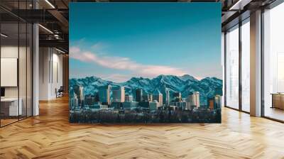 A panoramic photo of the Salt Lake City skyline with mountains in the background The sky is a beautiful clear blue Golden hour lighting Generative AI Wall mural