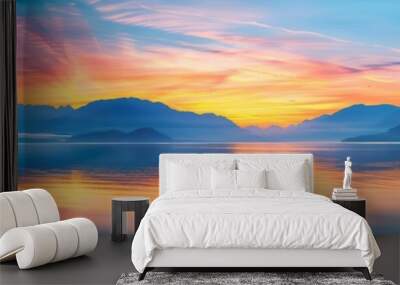 A panoramic view of the colorful sunset over serene waters, with mountains in the background Generative AI Wall mural