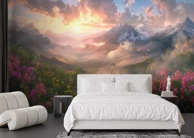 A panoramic view of the misty mountains, with vibrant pink and purple wildflowers in full bloom at sunrise Generative AI Wall mural