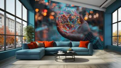 A person holding an abstract sphere made of colorful lines and dots, representing a global network or connectivity with a blurred background Generative AI Wall mural