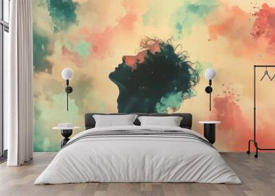 A person with their head looking up, surrounded by colorful and vibrant clouds; an abstract watercolor painting style Generative AI Wall mural