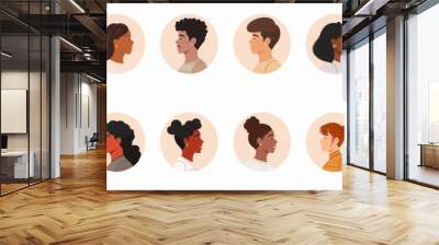 A set of circular avatar icons featuring people in various poses and expressions, each with soft pastel colors against a white background Generative AI Wall mural