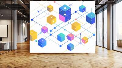 a simple line drawing of an isometric network with colorful blocks and dots connecting them, on a wh Wall mural