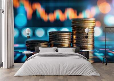 A stack of coins with financial graphs and stock market charts in the background, representing business success or investment growth Generative AI Wall mural