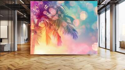 A vibrant and colorful background with palm trees, sunset sky, bokeh effect, and a sense of relaxation suitable for summer travel advertising or holiday tourism Generative AI Wall mural