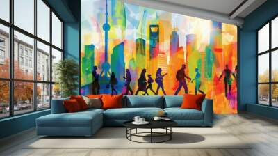 A vibrant cityscape with people walking, abstract forms of buildings and skyscrapers in the background, a mix of bright colors Generative AI Wall mural