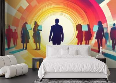 A vibrant illustration of business people walking through a circular pattern, with the silhouette of one person standing out in focus amidst blurred figures Generative AI Wall mural