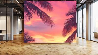 A vibrant pink and orange sunset sky with the silhouette of an exotic palm tree, creating a tropical scene for travel advertising or vacation Generative AI Wall mural