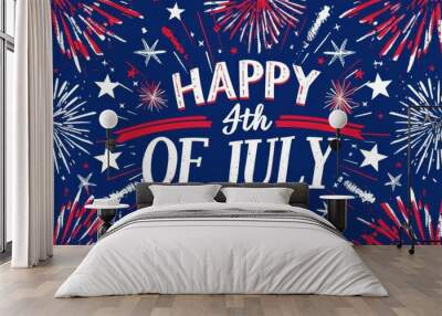 A vibrant red, white and blue background with fireworks bursting in the center, text 