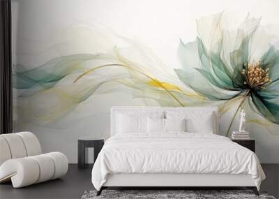 a watercolor green flower is surrounded by cream and gold leaves Generative AI Wall mural