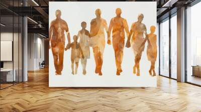 A watercolor illustration of multiple people holding hands, walking towards the camera in shades of brown and beige against an isolated white background Generative AI Wall mural