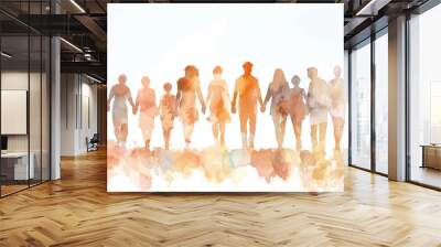 A watercolor illustration of multiple people holding hands, walking towards the camera on a white background Generative AI Wall mural