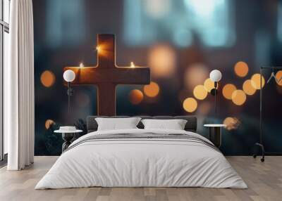 A wooden cross with blurred lights in the background, symbolizing Easter and Christmas, an Easter concept Generative AI Wall mural