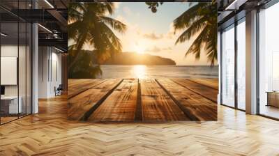 A wooden table with a blurred background of palm trees and the sea, bathed in warm sunlight The scene is set on an island during sunset, creating a relaxed atmosphere for product display Generative AI Wall mural