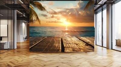 A wooden table with an ocean view and palm trees in the background, creating a tropical beach atmosphere The sun is setting over the water, casting warm hues on the scene Generative AI Wall mural