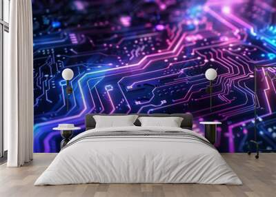 Abstract background with a circuit board pattern and neon lights in the colors blue and purple on a black background High tech digital technology concept Generative AI Wall mural