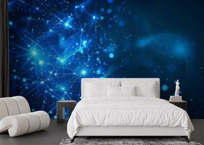 Abstract background with blue glowing lines and dots in the shape of an illuminated web network on a dark blue gradient backdrop Generative AI Wall mural