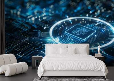 Abstract background with circuit board and chip, digital technology concept banner Black and blue color theme with glowing light effects on the edges of circles in space Generative AI Wall mural