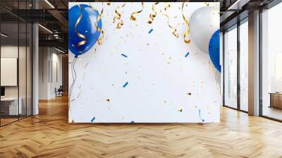 Abstract blue and white balloons with golden streamers on light background, Happy birthday party banner template Generative AI Wall mural