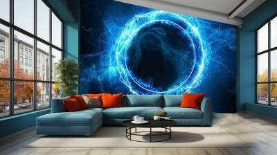 abstract blue neon background with a glowing circular frame, portal or vortex and light effect on a black backdrop Generative AI Wall mural