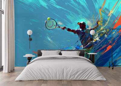 abstract digital art of a man playing tennis, blue background, colorful strokes Generative AI Wall mural