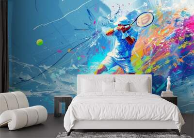 abstract digital art of tennis player hitting the ball, on blue background, full body, colorful Generative AI Wall mural