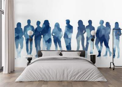 Abstract digital business team concept with people silhouettes in blue and gray colors on a white background A group of businesspeople standing together, working as a collaborative team Generative AI Wall mural