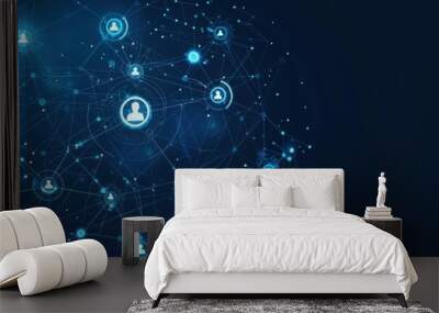 Abstract digital connection network with people icons on a blue background, depicting a technology and social media concept Generative AI Wall mural