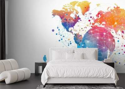 Abstract digital network with people and globe on white background illustration of global business team concept Generative AI Wall mural