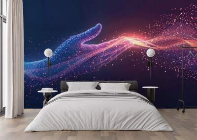 Abstract digital wave dots background with gradient color and hand shape technology concept design for banner or poster on dark blue background Generative AI Wall mural