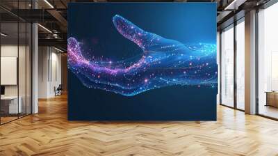 Abstract digital wave dots background with gradient color and hand shape technology concept design for banner or poster on dark blue background Generative AI Wall mural