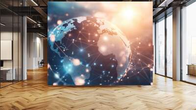 Abstract digital world map with global network connections and a globe in the center on a blue background, a concept of international business or connectivity technology Generative AI Wall mural