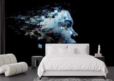 Abstract face made of cubes on a black background, in the style of an artificial intelligence concept, a digital human head with white and blue colors Generative AI Wall mural