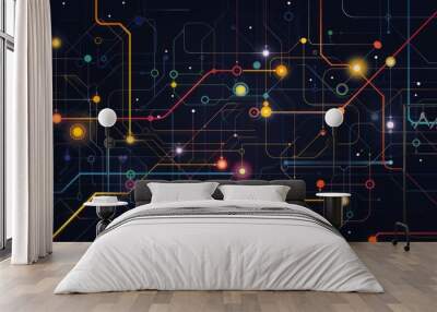 Abstract flat background with colorful lines and dots on black, simple geometric shapes forming an illuminated subway map pattern Generative AI Wall mural