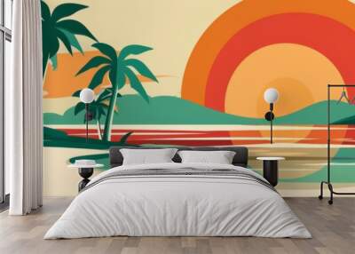 Abstract flat landscape of palm trees and beach with sun, using simple shapes Generative AI Wall mural