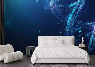 Abstract futuristic background with a double helix of DNA and digital elements, in a blue color palette Generative AI Wall mural